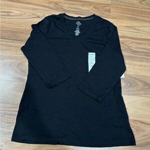 St Johns Bay Womens T-Shirt Black 3/4 Sleeve V-Neck Pullover Cotton Knit Size PS